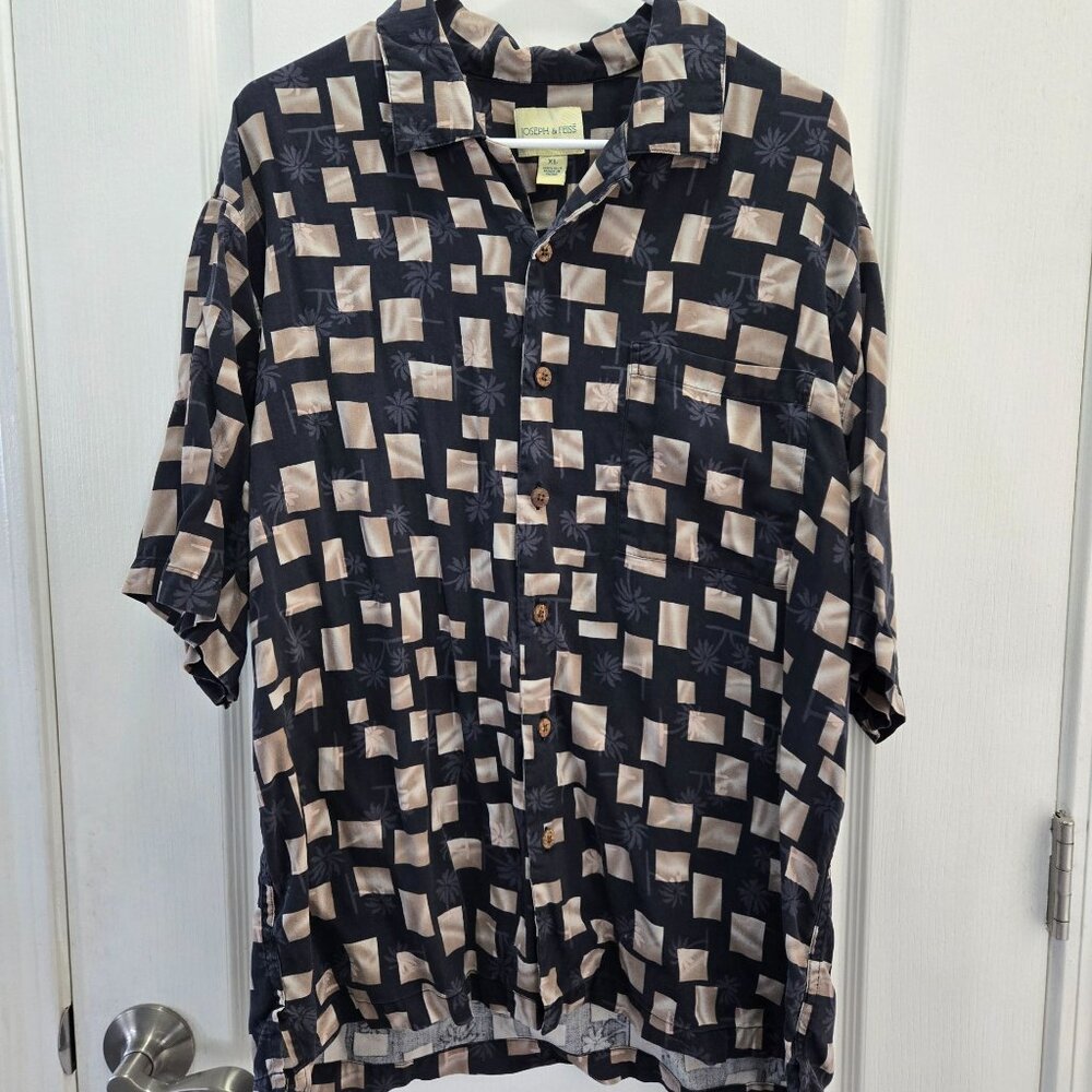 Joseph & Feiss Men's Silk Button-Up Short Sleeve Shirt XL Black & Beige